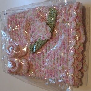 NEW Hand Crafted Baby Blanket Hat Booties Set Bundle Handmade Crochet Knit